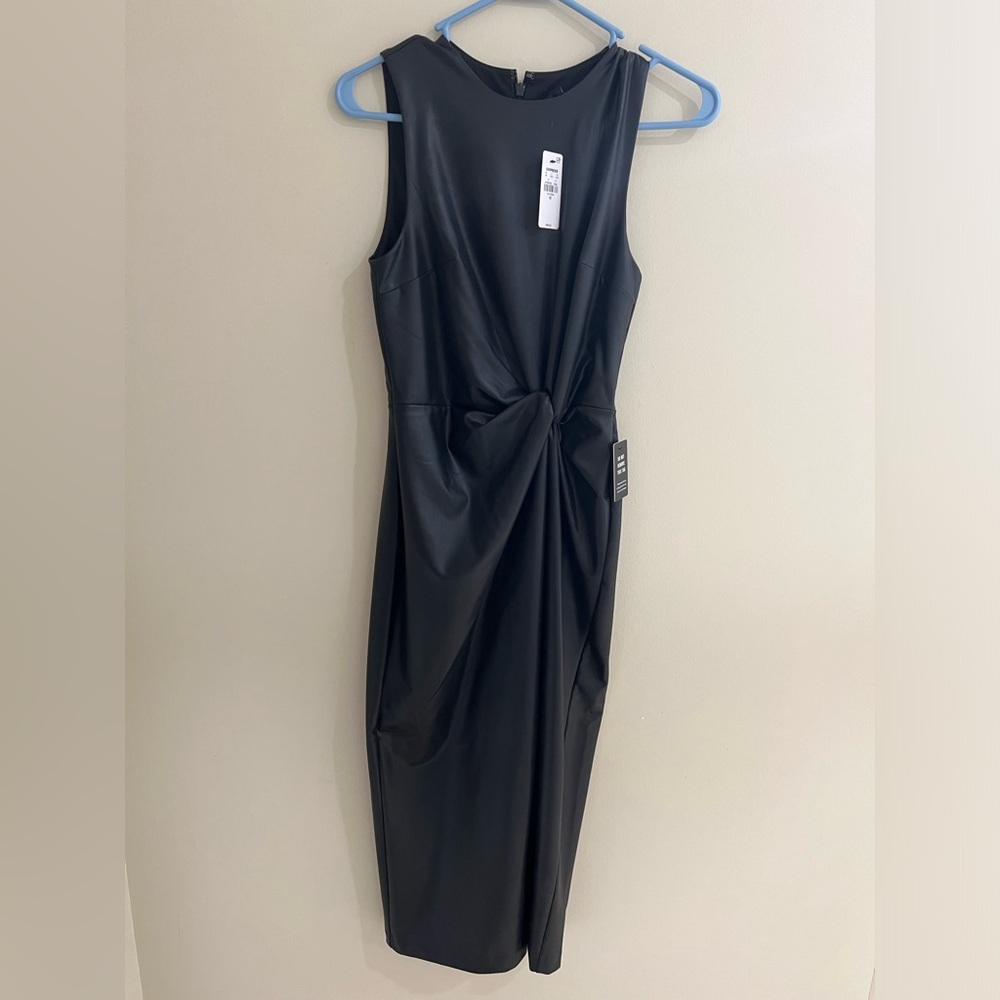 Express Body Contour Faux Leather Twist Front Midi Sheath Dress